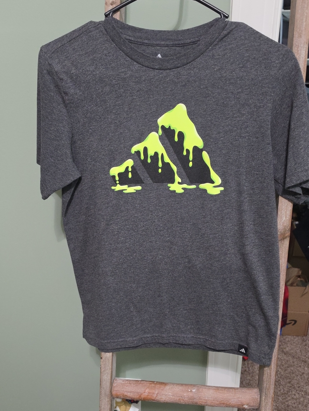 adidas Boys Dark Gray Short Sleeve Tee with Neon Yellow Logo